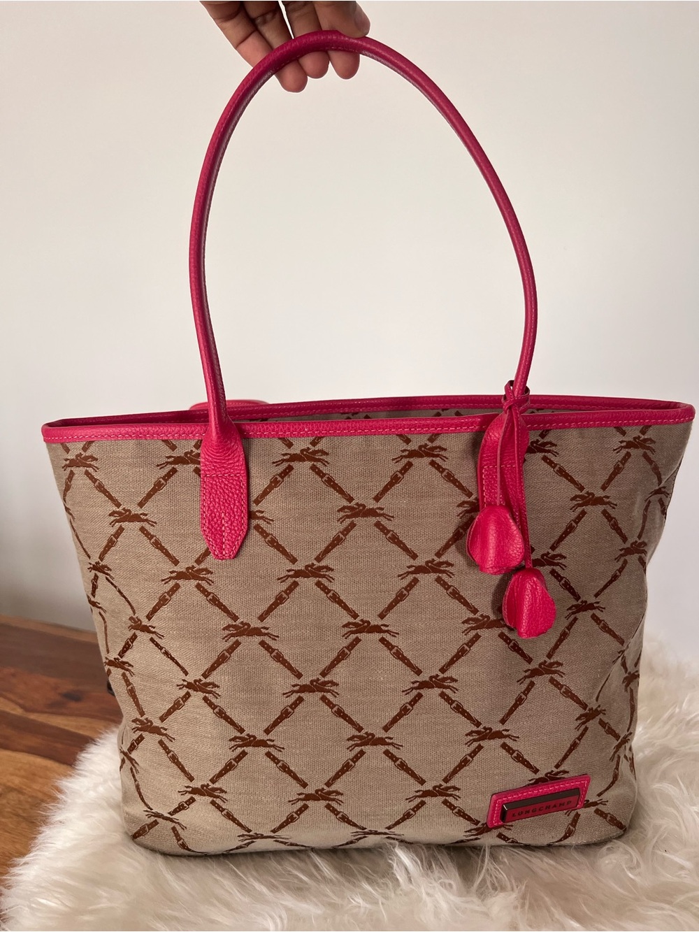 Longchamp Hot Pink Logo Tote with Brown Monogram Interior - Picture 5 of 5